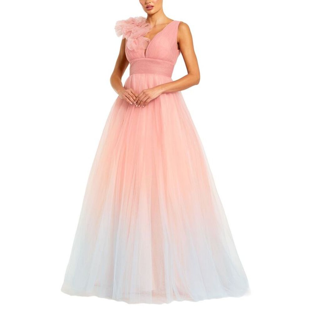 Mac Duggal Womens Ruffle Shoulder V Neck Ombre Tulle Ballgown, Pink
